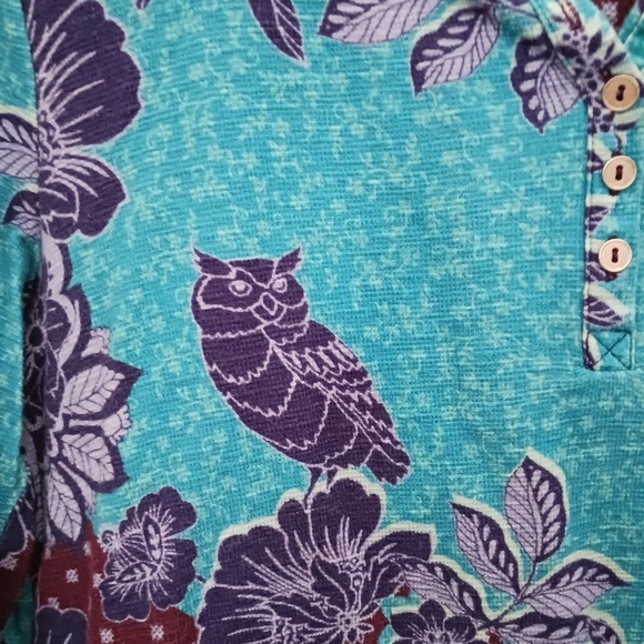 Sundance Top Womens L Henley Waffle Knit Thermal Blue Purple Owl Print - Picture 2 of 6